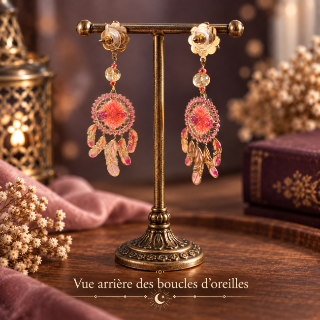 Vue arrière des boucles d’oreilles Les Plumes du Couchant montrant les attaches et la finesse du travail artisanal