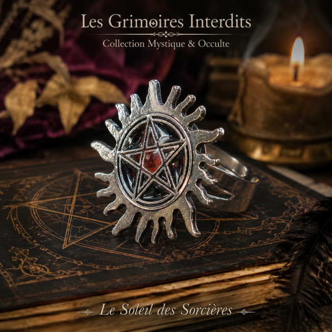 Le Soleil des Sorcières bague gothique femme pentacle rouge et noir Bague gothique femme Le Soleil des Sorcières en acier inoxydable argenté avec pentacle émaillé rouge et noir