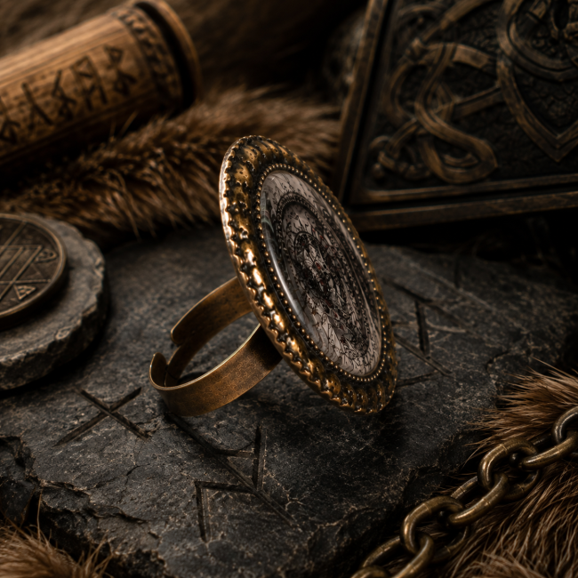 Vue de profil de la bague Odin permettant d’apprécier l’épaisseur de la tête ovale et la structure de la monture en laiton.