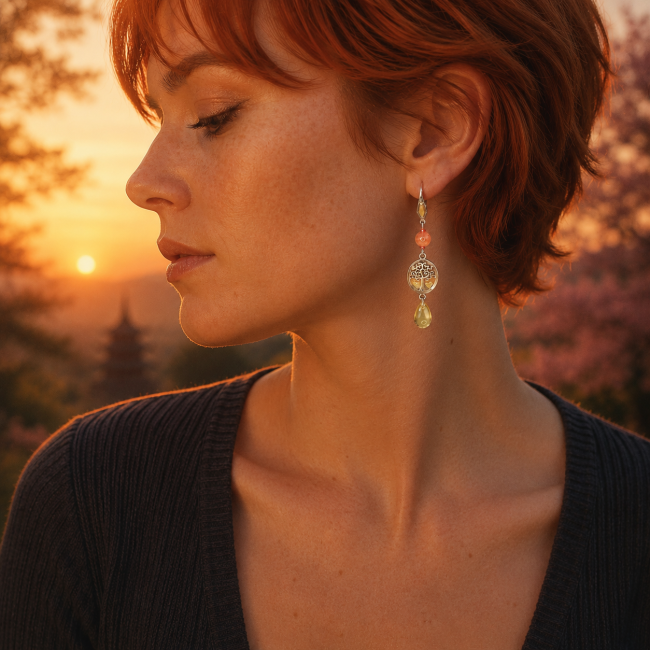 Hi no Kodama boucles d’oreilles Kodama portées coucher de soleil japonais Portrait réaliste d’une femme rousse aux cheveux courts portant les boucles d’oreilles Hi no Kodama de la collection Kodama. Bijou artisanal inspiré des esprits japonais, arbre de vie argenté, nuances feu et lumière dans une ambiance forêt japonaise au co