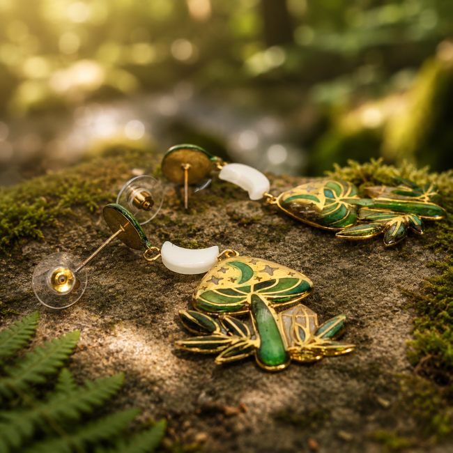 Murmures des Sous-Bois — Émaillage façon vitrail au cœur de la forêt Boucles d’oreilles Murmures des Sous-Bois posées sur la mousse, champignons, feuillages et cristaux réalisés en émaillage façon vitrail