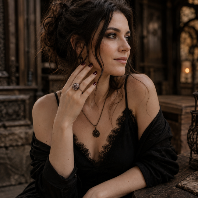 La Crypte Oubliée portée – Style gothique médiéval Femme portant la bague La Crypte Oubliée dans une ambiance médiévale gothique élégante