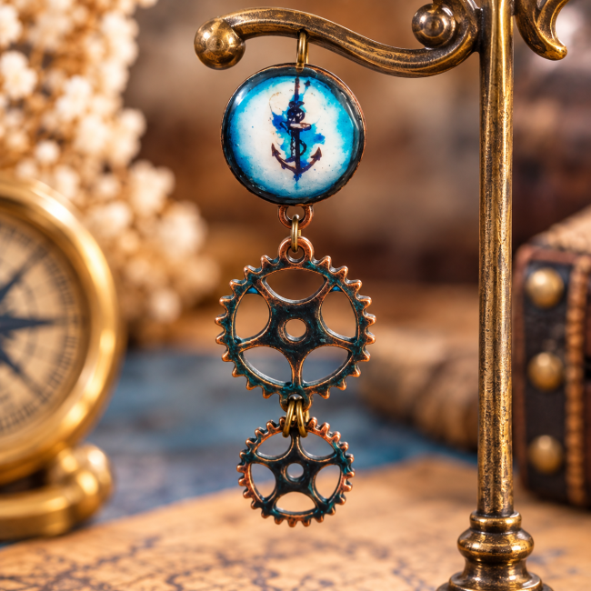 Boucle d’oreille La Rose des Huit Horizons avec cabochon émaillé et double engrenage steampunk