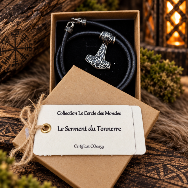 Collier viking artisanal dans son écrin – Le Serment du Tonnerre Le Serment du Tonnerre présenté dans son écrin avec son certificat : un collier viking artisanal sur cordon en cuir, prêt à offrir.