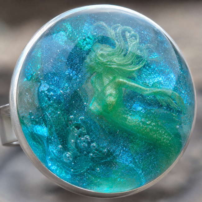 Cabochon émaillé à la main – Le Chant des Abysses Détail du cabochon turquoise du Chant des Abysses, réalisé artisanalement avec une sirène en relief 3D, des effets de profondeur et un décor marin évoquant les mystères des abysses.