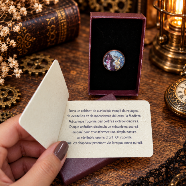 La Modiste Mécanique, bague artisanale steampunk de la collection Les Cabinets de Curiosités, présentée dans son écrin avec sa carte racontant sa légende et son univers mécanique.