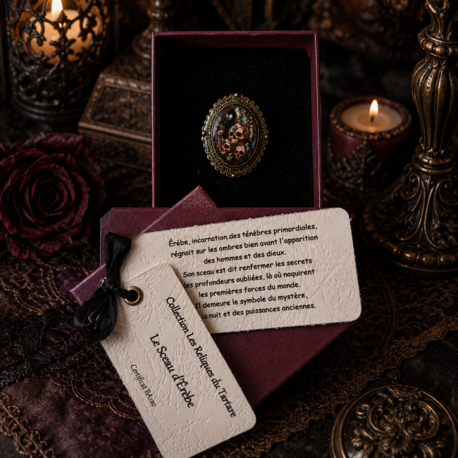 Bague gothique Le Sceau d’Érèbe dans son écrin | Les Reliques du Tartare Le Sceau d’Érèbe, bague gothique en laiton de la collection Les Reliques du Tartare, présentée dans son écrin avec sa carte légendaire.