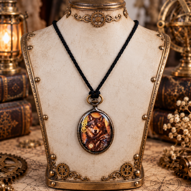 Collier artisanal steampunk avec médaillon représentant un loup, réalisé dans l'univers du Gardien des Archives. Une création originale Les Fantaisies d’A mêlant imaginaire, mécanique ancienne et esthétique vintage.