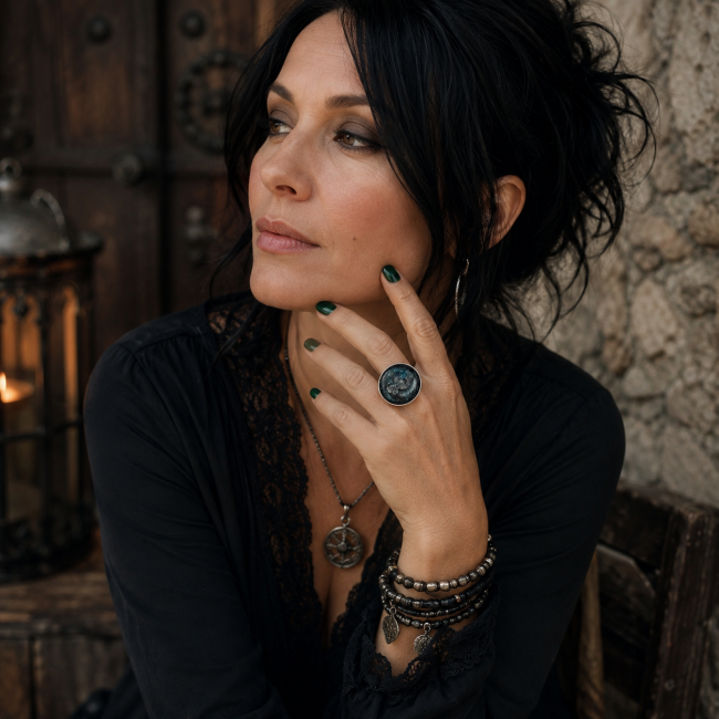 Femme portant la bague artisanale La Crypte de Mélusine dans une ambiance médiévale