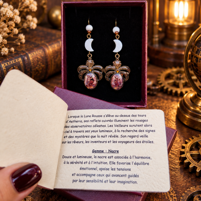 Certificat et légende des boucles d’oreilles Les Yeux de la Lune Rousse Présentation du certificat et de la légende des Yeux de la Lune Rousse, avec les informations consacrées à la nacre et à l’univers des Veilleurs d’Aetheria.