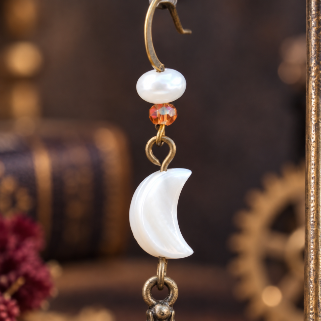 Détail de la lune en nacre – Les Yeux de la Lune Rousse Détail de la partie supérieure du bijou avec sa lune en nacre blanche, sa perle nacrée et sa perle facettée aux reflets cuivrés.