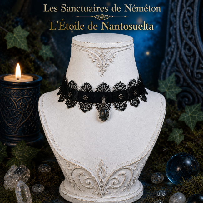 L’Étoile de Nantosuelta — Tour de cou elfique | Les Sanctuaires de Néméton Présentation du tour de cou textile L’Étoile de Nantosuelta, création artisanale de la collection Les Sanctuaires de Néméton, mise en scène dans un décor immersif inspiré de l’univers elfique.
