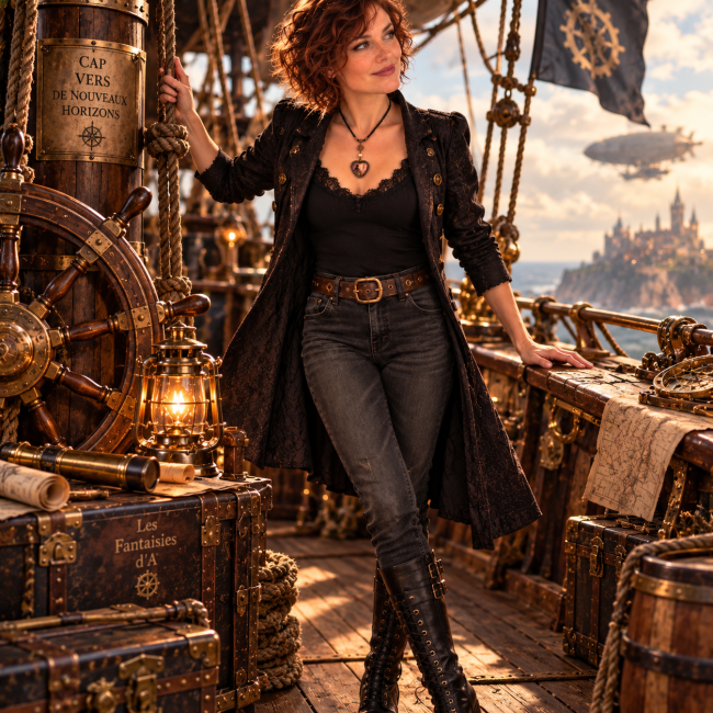Mise en scène immersive d’un collier steampunk artisanal porté sur une caravelle aérienne, dans un univers mêlant laiton, engrenages, cordages et aventure.