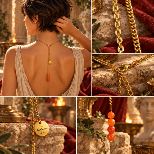 Détails arrière du collier Luna avec chaînes dorées, fermoir, médaille de signature et perles en andésine véritable
