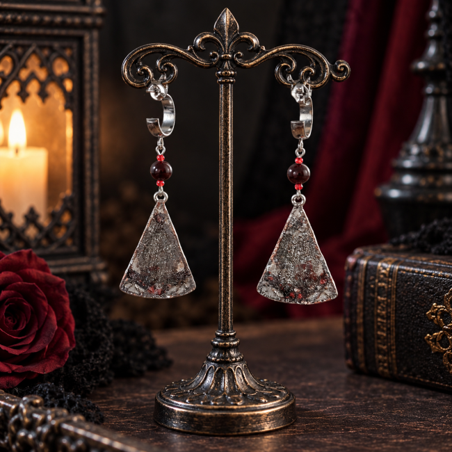 Vue arrière des boucles d’oreilles gothiques Les Joyaux Engloutis avec pendentifs émaillés artisanalement