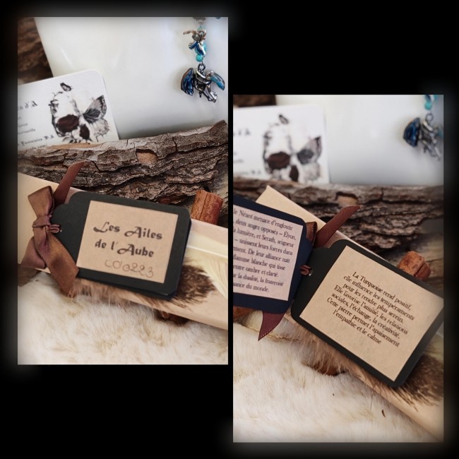 Collier artisanal « Les Ailes de l’Aube Bleue» dans son écrin avec carte d’identification numérotée et carte de lithothérapie.