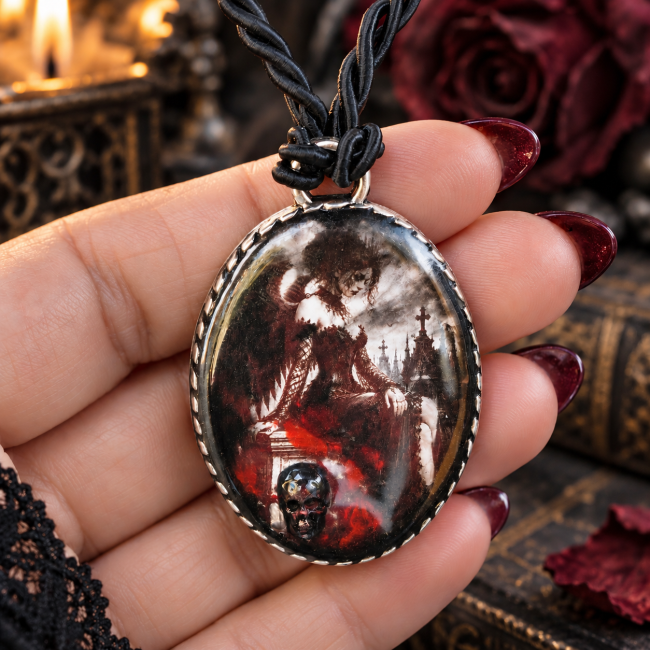 Zoom sur le médaillon gothique Le Requiem de Rosamund, pièce unique artisanale avec scène romantique sombre et détails rouges.