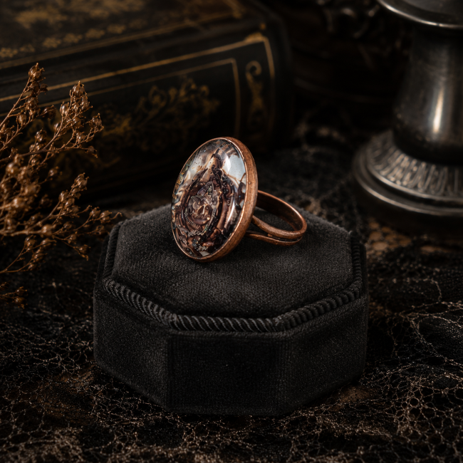 La Crypte Oubliée – Bague réglable vue de profil Bague La Crypte Oubliée vue de profil, avec monture réglable en métal cuivré et cabochon circulaire