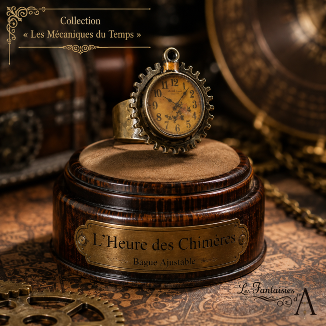 L’Heure des Chimères – Bague femme steampunk L’Heure des Chimères, bague femme ajustable en laiton couleur bronze avec tête de montre à gousset vintage, dans un décor steampunk.