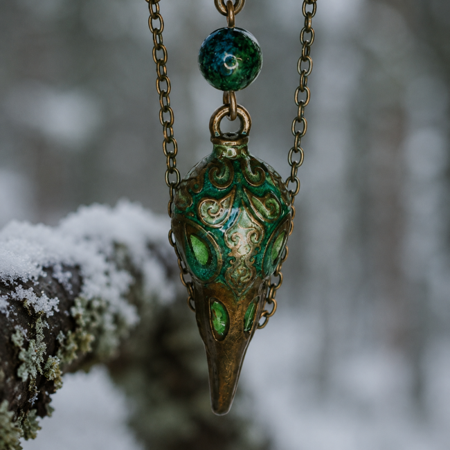 Détail rapproché de la tête de corbeau émaillée et des nuances vertes de chrysocolle. Bijou artisanal unique inspiré des mythes nordiques.