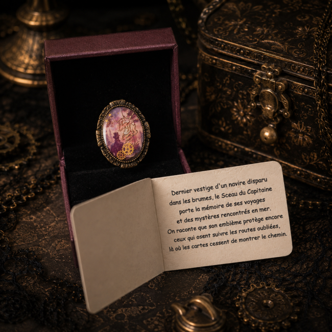Le Sceau du Capitaine est présenté dans son écrin accompagné de sa carte légendaire, au cœur d’un décor steampunk victorien évoquant les mystères d’un navire disparu.