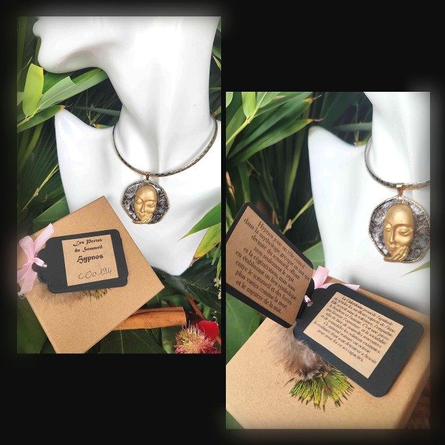 Chaque collier Hypnos est présenté dans son écrin, accompagné de sa carte d’identification numérotée ainsi que de sa carte de lithothérapie.