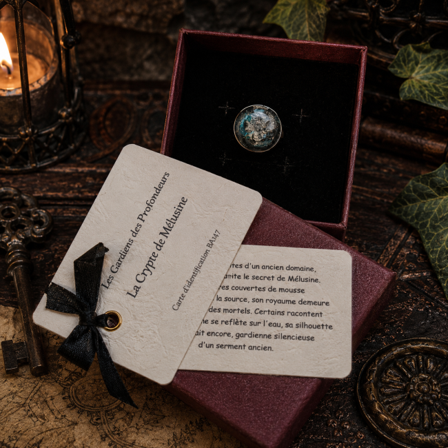 Bague La Crypte de Mélusine présentée dans son coffret avec ses cartes artisanales