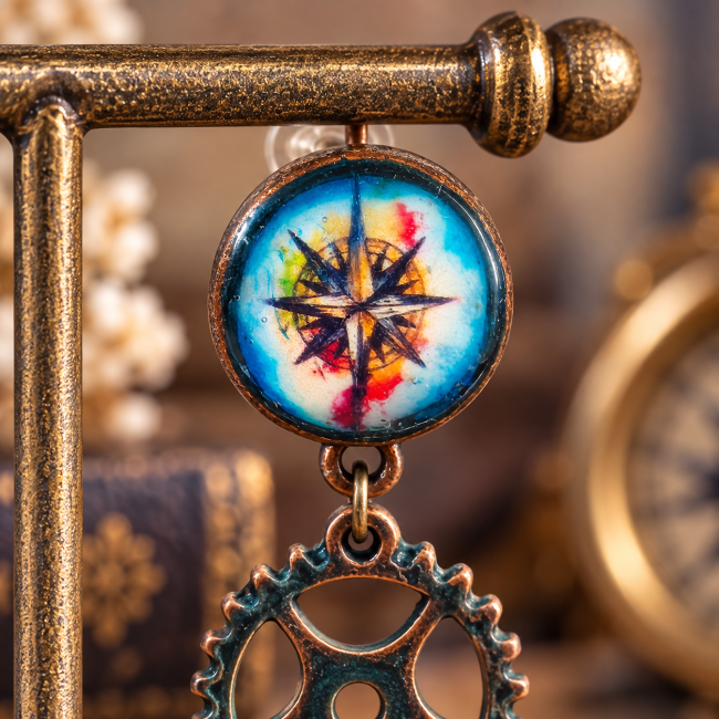 Zoom sur le cabochon représentant une ancre marine, réalisé avec un émaillage artisanal aux nuances bleues et blanches.