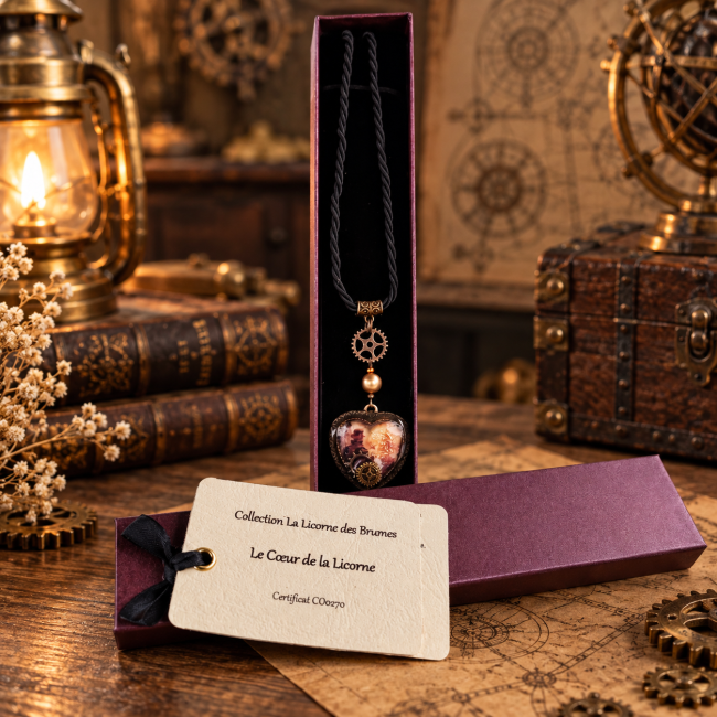 Le Cœur de la Licorne présenté dans son écrin, accompagné de son certificat. Une présentation soignée qui souligne le caractère précieux, artisanal et unique de cette création inspirée de l’univers steampunk fantastique.