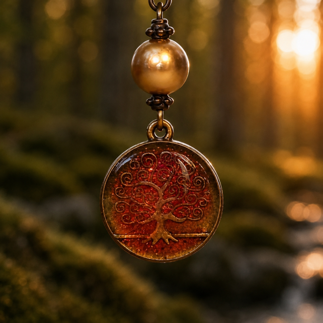 Gros plan sur le médaillon arbre de vie en résine émaillée et laiton vieilli. Création artisanale inspirée d’Yggdrasil et des légendes nordiques.