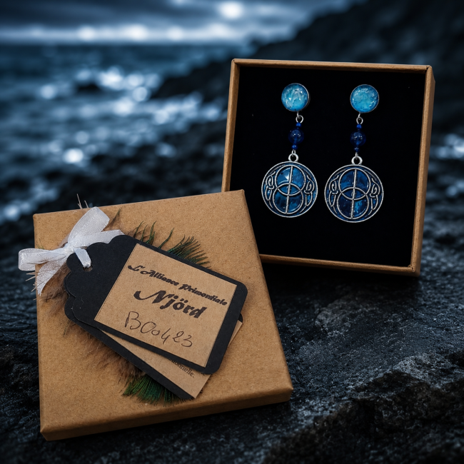 Njörd – Boucles d'oreilles vikings pièce unique numérotée Chaque paire de boucles d'oreilles Njörd est accompagnée de sa carte d'identification numérotée. Une création artisanale unique mêlant symbolisme nordique, nuances marines et savoir-faire d'exception.