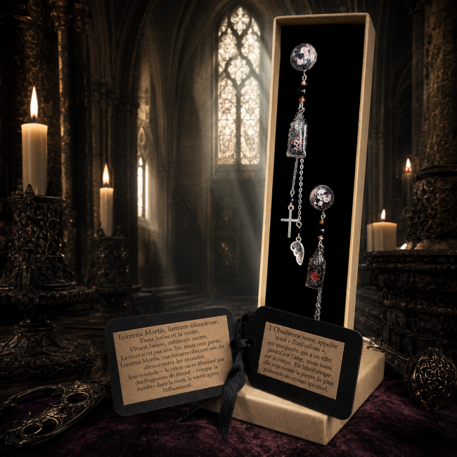 Boucles d’oreilles Lucerna Mortis de la collection Les Sœurs de la Nuit présentées dans un écrin noir avec cartes d'identification et lithothérapie, décor de cathédrale gothique et lumière tamisée.