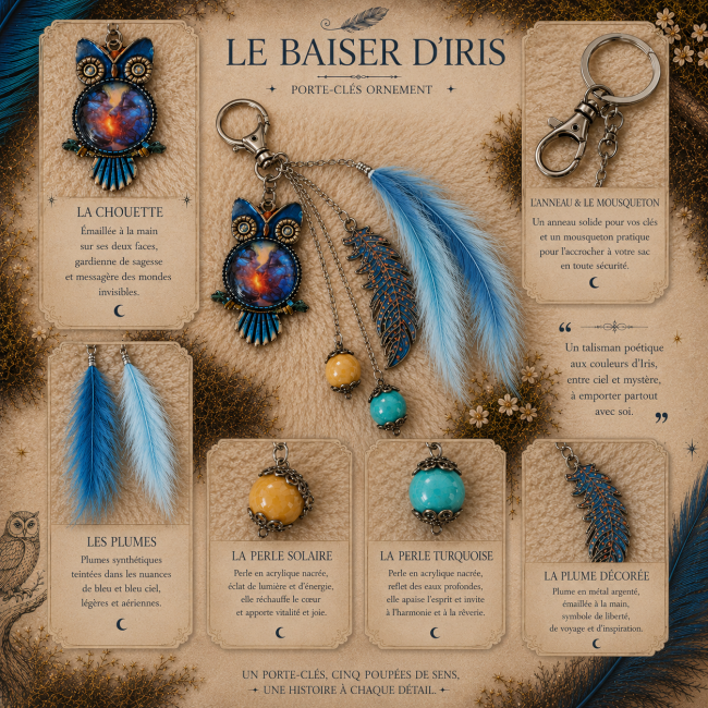 Tableau artistique présentant les détails du porte-clés “Le Baisé d’Iris” avec chouette mystique, plume turquoise, perles et ornements inspirés des mythologies anciennes.