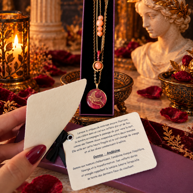 Collier Luna avec perles en andésine véritable et médaillon réversible dans son écrin