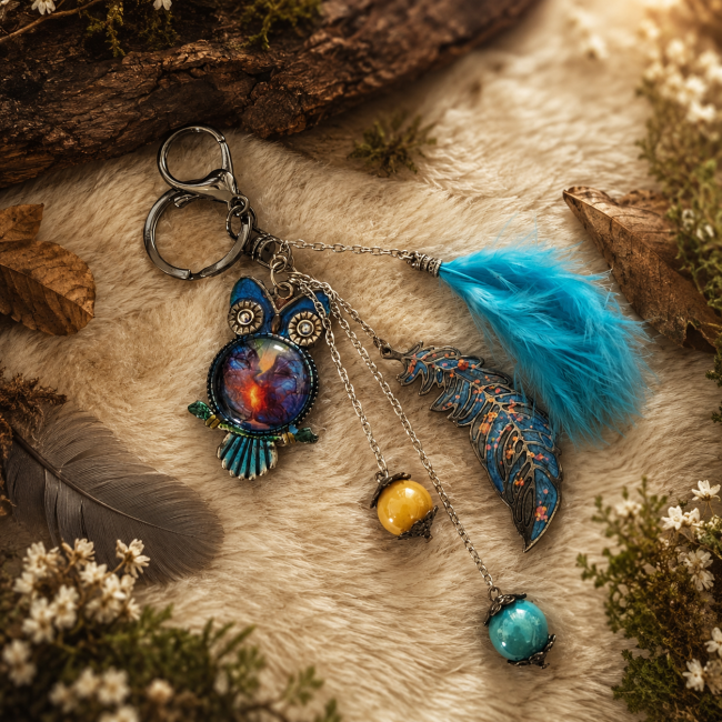 nspiré des mythologies anciennes et des esprits de la nature, Le Baisé d’Iris est un porte-clés ornemental au style bohème fantasy. Son hibou mystique aux reflets irisés, sa plume turquoise aérienne et ses délicates breloques créent un accessoire unique, 