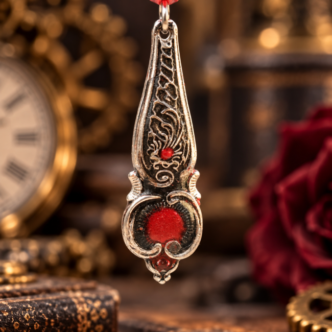 Pendentif en métal et grenat – Les Tasses de la Reine Rouge Détail du pendentif des boucles d’oreilles Les Tasses de la Reine Rouge, avec motifs délicatement travaillés et grenat rouge, dans l’esthétique précieuse et mystérieuse de la collection.