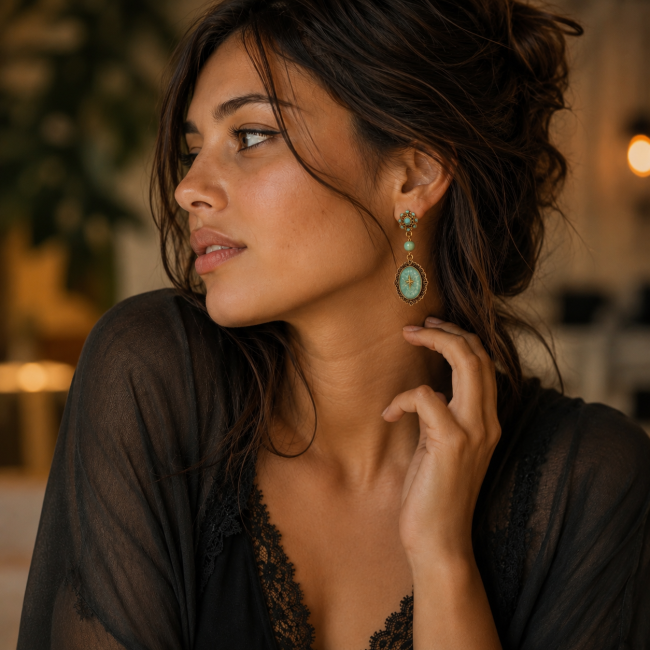 Vue portée des boucles d'oreilles L'Étoile d'Azur mettant en valeur leur élégance victorienne, leurs reflets turquoise scintillants et leur silhouette raffinée.
