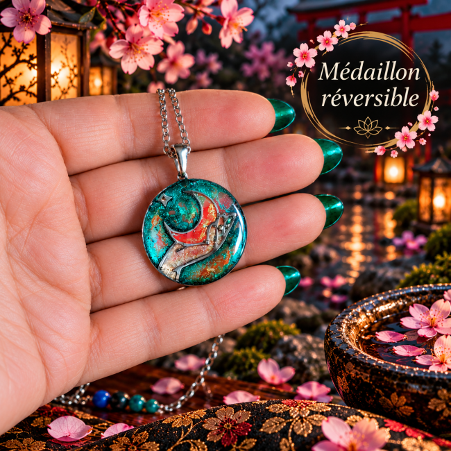 Tsukuyomi – Médaillon lunaire réversible aux reflets bleu-vert Pendentif circulaire du collier Tsukuyomi, avec croissant de lune argenté et émaillage translucide bleu canard et vert émeraude.