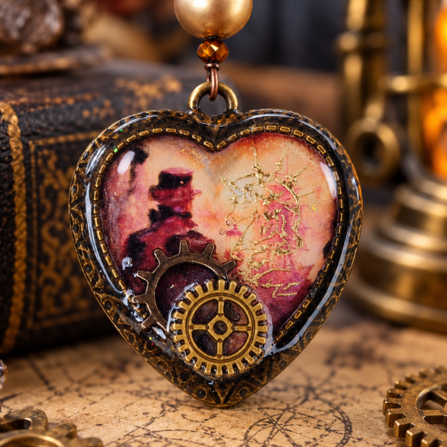 Gros plan sur le pendentif du collier Le Cœur de la Licorne. Le cœur met en scène un décor fantastique aux tonalités anciennes, enrichi de rouages métalliques caractéristiques de l’esthétique steampunk. Une création artisanale originale et unique.