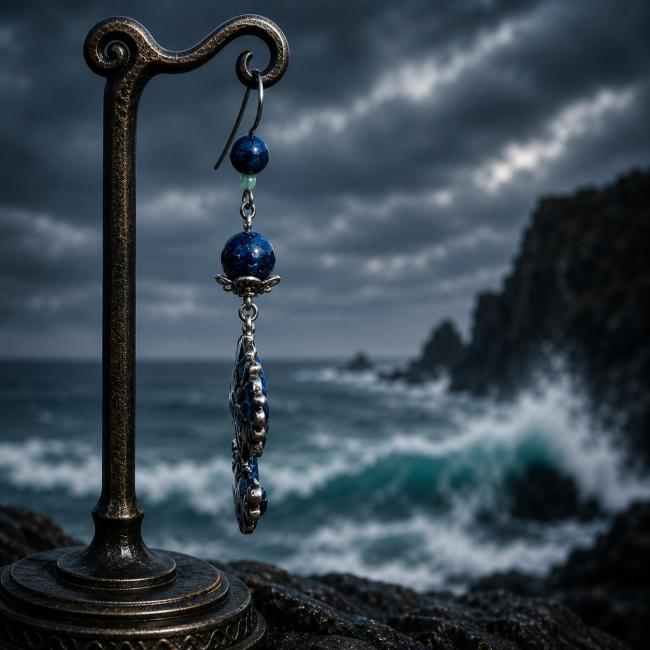 Les Larmes de Ran – Vue de Profil des Boucles d'Oreilles Viking Bleu Océan Vue latérale des boucles d'oreilles Les Larmes de Ran. Découvrez le relief du pendentif Arbre de Vie, la finesse des assemblages artisanaux et l'éclat des perles de lapis-lazuli dans une ambiance de tempête nordique.