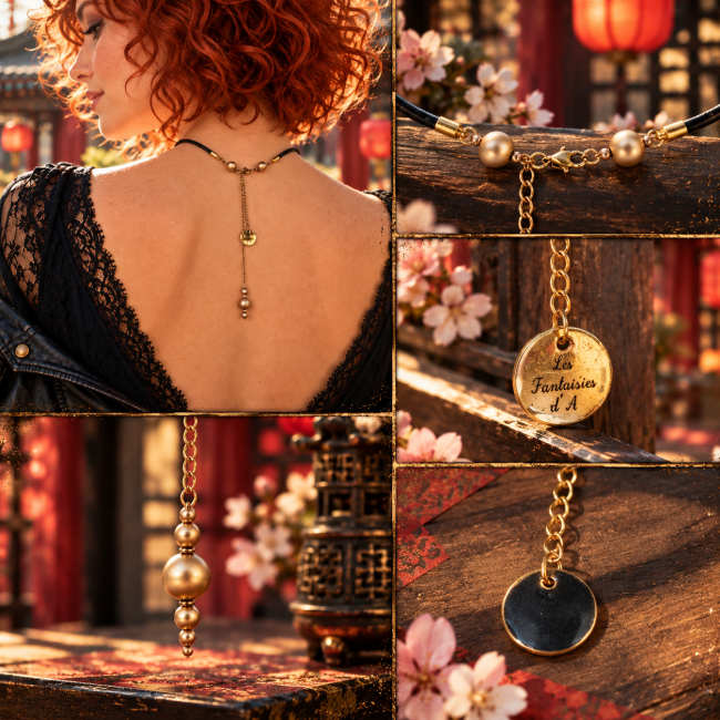 Collier Ao Jun vu de dos sur modèle rousse, chaîne dorée et détail arrière du médaillon