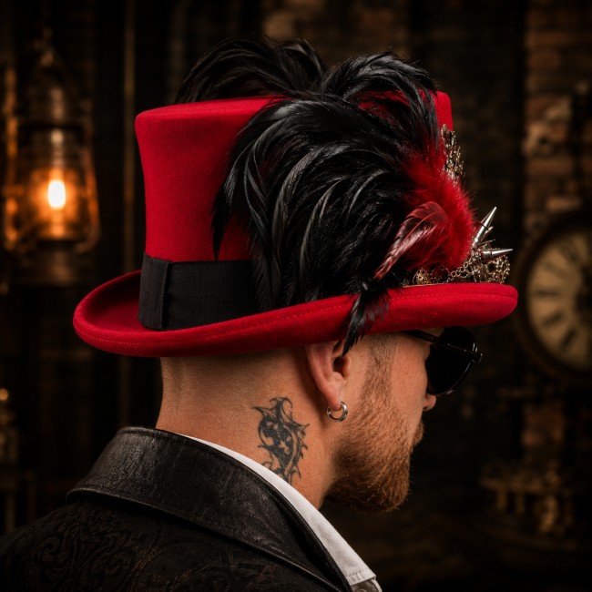 Chapeau steampunk rouge porté de dos – Vue arrière gothique victorienne Admirez la vue arrière du chapeau steampunk Dr Jekyll porté dans une ambiance gothique victorienne. Une création artisanale rouge et noire mêlant plumes majestueuses, élégance obscure et esthétique steampunk.