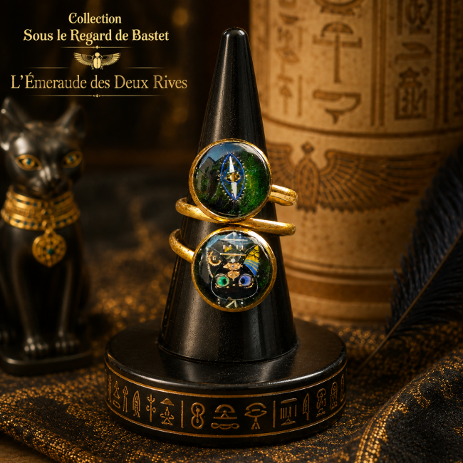 Bague double à cabochons émaillés à la main, inspirée de l’Égypte ancienne, présentée dans un décor évoquant Bastet, les hiéroglyphes et les trésors antiques.