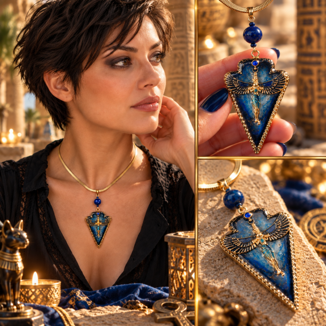 Le Souffle du Ciel – détails du collier Isis en lapis-lazuli Montage présentant Le Souffle du Ciel porté et plusieurs détails du pendentif artisanal inspiré de la mythologie égyptienne.