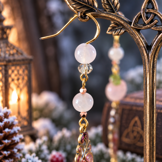 Crochet doré et quartz rose – Le Fruit d’Éternité Détail du crochet en acier inoxydable doré et de la perle de quartz rose d’une boucle d’oreille Le Fruit d’Éternité