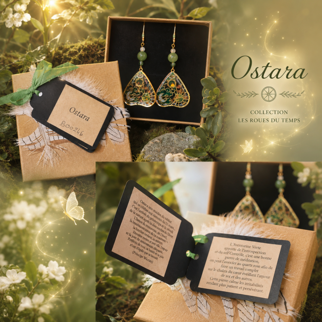 Collage féerique du coffret “Ostara” avec boucles d’oreilles artisanales et cartes d’identification dans une ambiance nature mystique printanière.