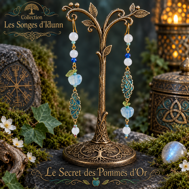 Boucles d’oreilles viking Le Secret des Pommes d’Or, création artisanale inspirée de la mythologie nordique d’Idunn.