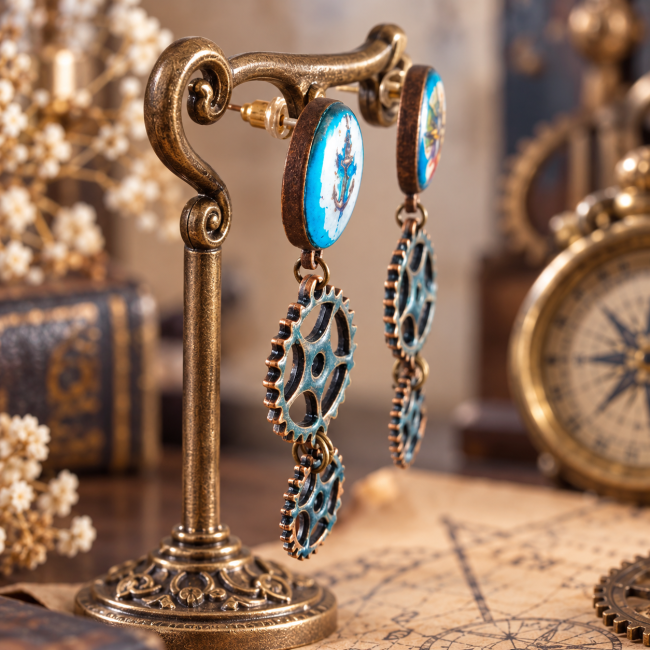 Vue trois-quarts des boucles d’oreilles steampunk La Rose des Huit Horizons et de leurs engrenages