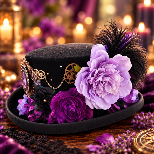 Chapeau Mina – Vue du côté droit Chapeau Mina vu du côté droit avec fleurs violettes, chaînes et engrenages métalliques