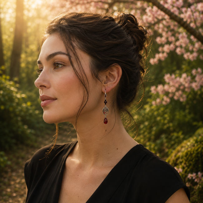 Le Sang du Cerisier – Boucles Kodama portées Portrait lumineux d’une femme brune portant les boucles d’oreilles artisanales Le Sang du Cerisier de la collection Kodoma. Un bijou inspiré des esprits des forêts japonaises, mêlant arbre de vie argenté, reflets grenat et ambiance poétique sous les ceris